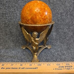Brass Angel Cherub Metal Stand With Orange Stone Sphere Ball India Decor Vtg